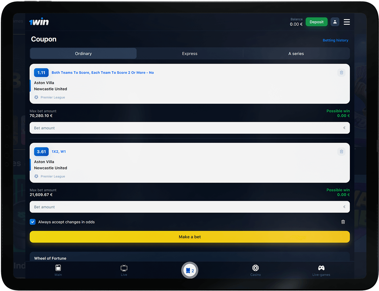 How to make a bet at 1Win, Step 5: Select bets and confirm