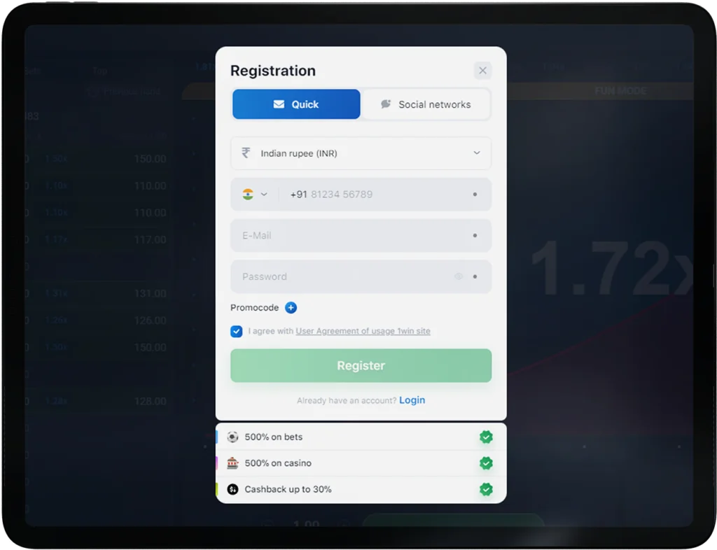 How to start playing Aviator at 1Win: step 1, register