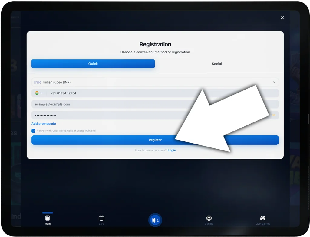1Win Registration: Click Register Button