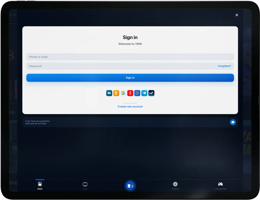 1Win Registration, Select Registration by Socials